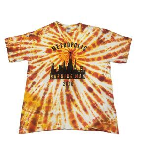 Burning Man Metropolis Shirt Mens Large Tie Dye Orange Yellow Graphic 2010 Tee